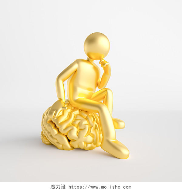 金色C4D坐在大脑上思考3D小人PNG素材插画